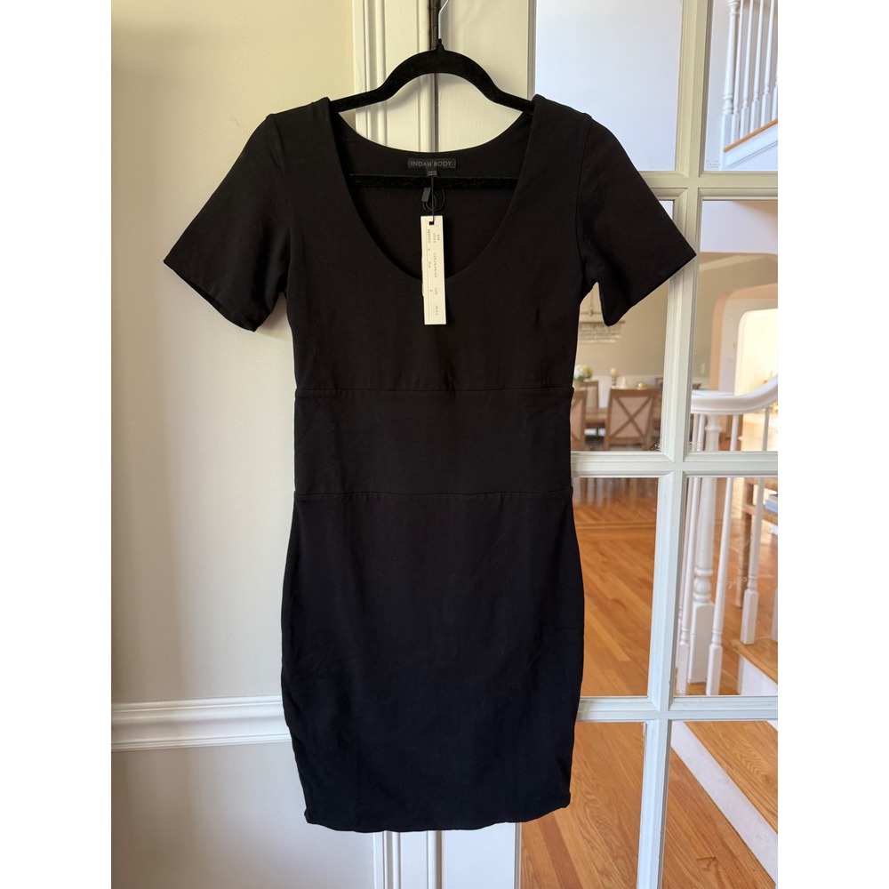 Indah Body Pepper Mini Dress Black Scoop Neck Short Sleeve Bodycon Size 2 NEW